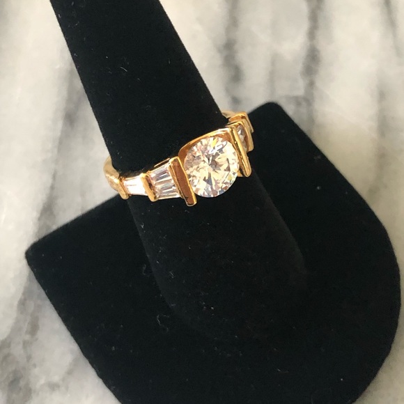 Gold CZ Solitaire Baguette Ring - Picture 3 of 6